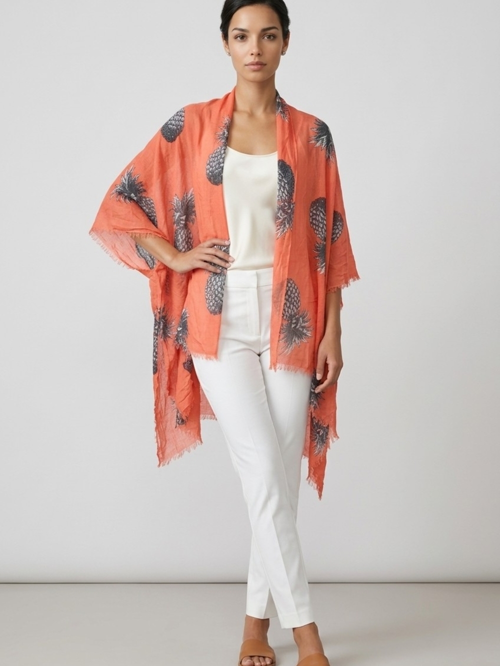 NWT Ann Taylor Coral Scarf Wrap with Black Pineapple Accent